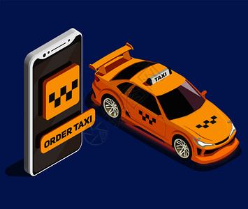 订购出租车等距海报与黄色出租车汽车大形象的现代智能手机与移动应用出租车服务矢量插图图片