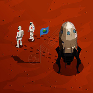 火星探索与两名宇航员太空服上行走红色星球矢量图表图片