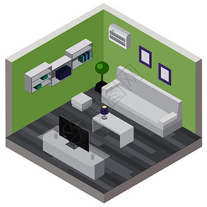 客厅等距成与舒适的家具现代无线设备三维矢量插图客厅等距成图片