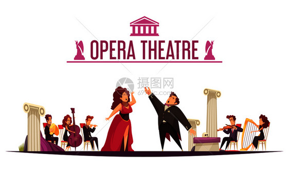 歌剧剧院总理宣布平卡通海报与2名歌手咏叹调表演音乐家舞台矢量插图图片
