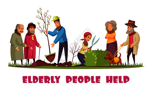 志愿者帮助老人种植树木,修剪树篱,园艺家务,平卡通,水平构图矢量插图图片