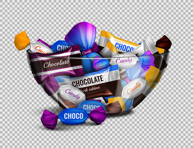 什锦巧克力糖果箔包装璃碗现实的广告构图与透明的背景矢量插图图片