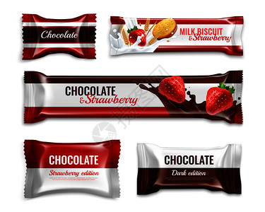 巧克力糖果饼干逼真的包装,搭配美味的牛奶草莓成分,五颜六色的孤立矢量插图图片