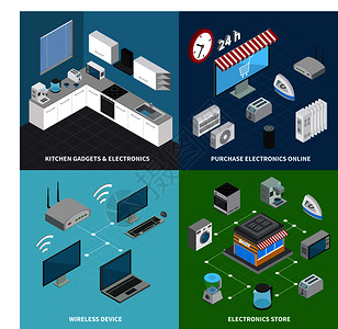 消费电子产品2x2集厨房小工具无线设备线购买方形成等距矢量插图图片