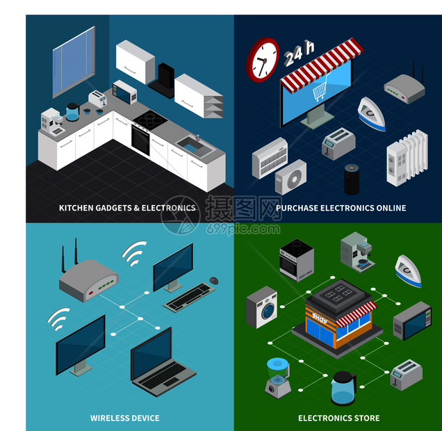 消费电子产品2x2集厨房小工具无线设备线购买方形成等距矢量插图图片