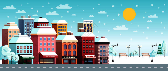冬季城市街道平横横幅与咖啡厅图书馆书店建筑雪景太阳矢量插图图片