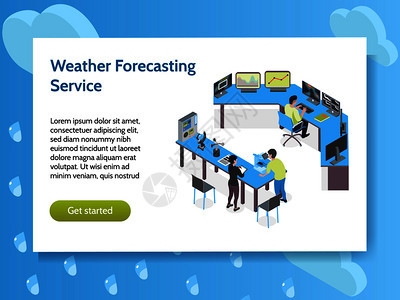 等距气象天气中心横幅与天气预报服务标题,并开始按钮矢量插图图片