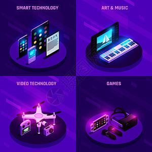 智能电子技术小工具4等距图标成与读者游戏音乐设备紫色背景矢量插图图片