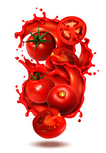 真实的番茄汁飞溅成分与切片整个番茄果实与液体果汁飞溅矢量插图图片