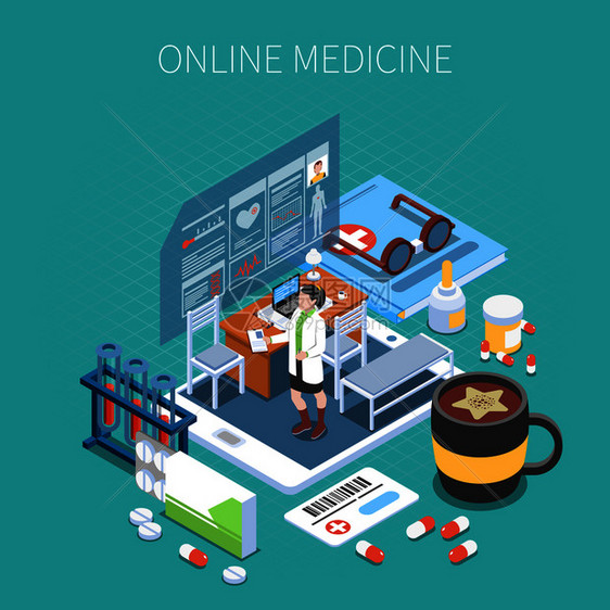线医学等距成移动设备与办公室的医生医疗象绿松石背景矢量插图图片