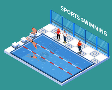 运动员训练员公共游泳池游泳锻炼过程中的等距绿松石背景矢量插图上图片