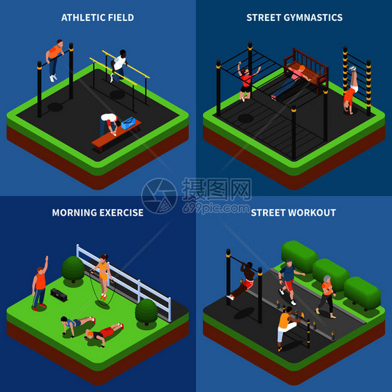 街头锻炼早操户外体操运动场等距孤立矢量插图图片