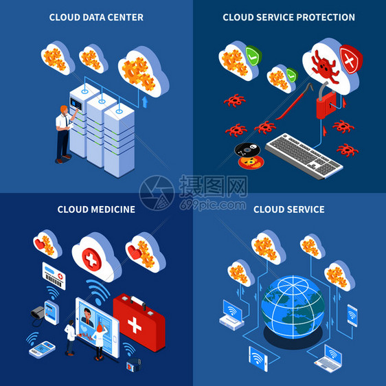 云技术数据中心与安全系统存储的医学信息等距隔离矢量图图片