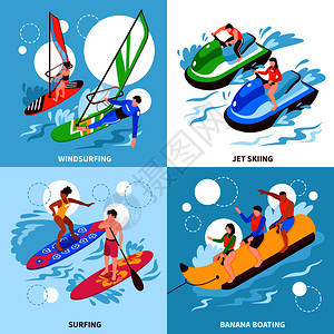 水上运动2x2集的风帆冲浪喷气式滑雪香蕉划船冲浪广场图标等距矢量插图背景图片