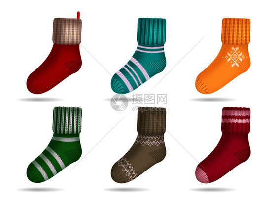 冬季针亮色袜子写实孤立矢量插图图片