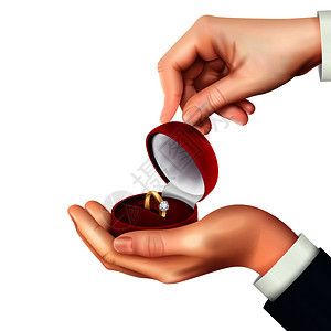 打开珠宝盒与订婚结婚戒指手,现实的构图为求婚,呈现矢量插图背景图片