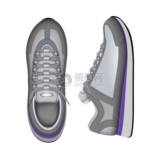 运动训练跑鞋时尚白球鞋顶部侧特写视图现实构图矢量插图图片