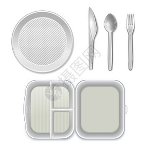 次白色塑料盘子餐具刀叉勺子午餐盒顶视图现实餐具集隔离矢量插图图片