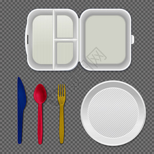 丰富午餐次白色塑料板午餐盒彩色餐具顶部视图现实餐具透明背景矢量插图插画
