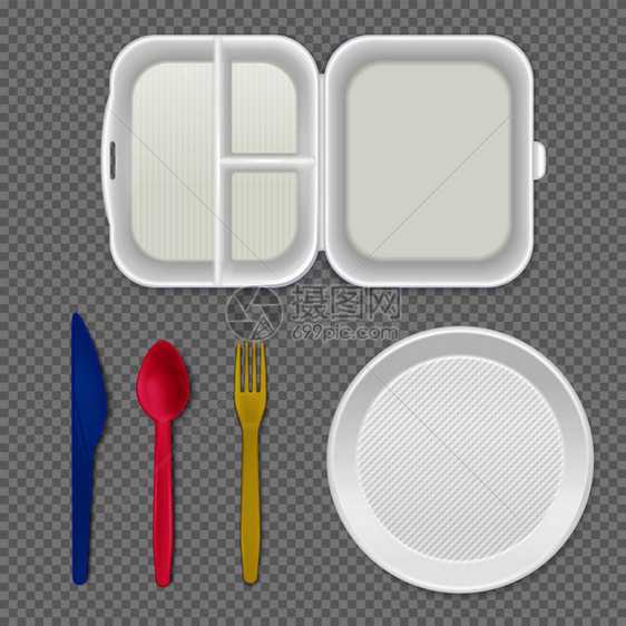 次白色塑料板午餐盒彩色餐具顶部视图现实餐具透明背景矢量插图图片