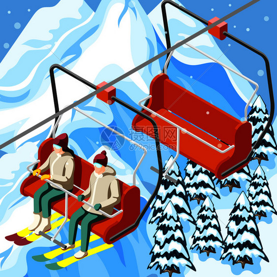 滑雪者与运动设备滑雪胜地的孔上的山背景与十字形等距矢量插图图片