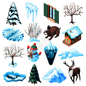 冬季景观集等距图标与动物,裸树灌木丛,冷冻湖,矢量插图图片