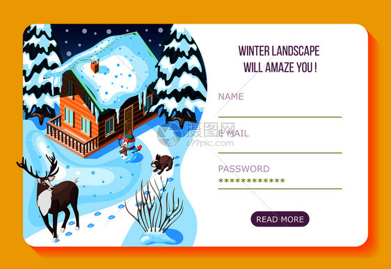 冬季景观木屋树木雪等距网页与用户帐户矢量插图图片