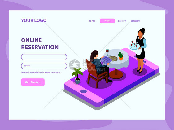 线预订服务员客户桌子上的移动设备屏幕等距网页矢量插图图片