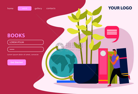 全球电子图书图书馆网页登陆页与用户帐户白色粉红色背景平矢量插图图片