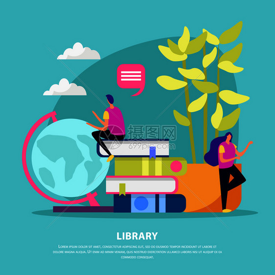 图书馆平构图与人类人物书籍,房子,植物地球仪绿松石背景矢量插图图片