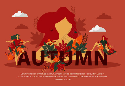 秋平构图女孩与秋天的花朵叶子温暖的粉红色背景与云矢量插图图片