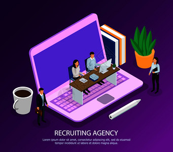 招聘机构的工作人员与计算机候选人的就业等距成紫色背景矢量插图图片