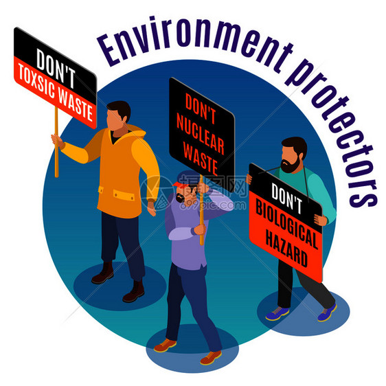 废物危险等距背景成海报与环境活动家生物核危险警告三月矢量插图图片