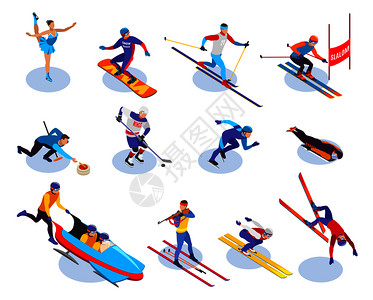 冬季运动等距图标滑雪板,沙洛姆,自由式花样滑冰,冰球,生物项等距矢量插图图片