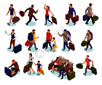 旅行的人图标集的字符与行李等待着陆,会议达的乘客等距矢量插图图片