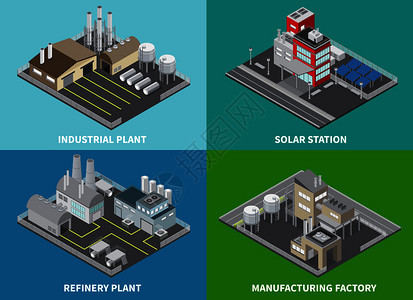 工业建筑图标炼油厂太阳能站等距隔离矢量图图片