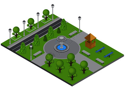 城市公园与树木喷泉运动场等距矢量插图图片