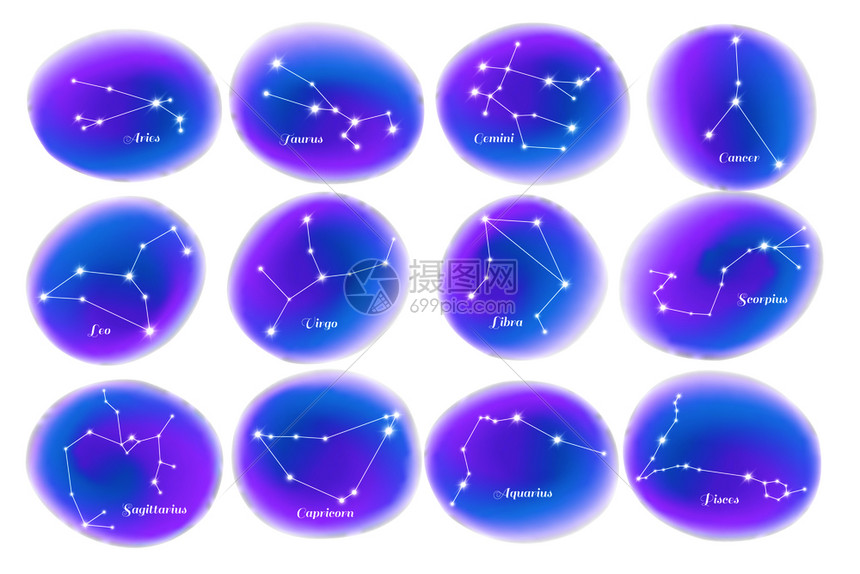 占星术星座12个彩色恒星星座图表元素与癌症蝎子座孤立矢量插图插画图片下载 正版图片 摄图网