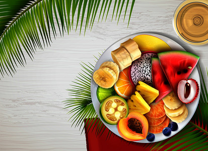 各种热带水果片,盘子,现实的顶部视图与香蕉荔枝,石灰,菠萝,桃子,木瓜矢量插图图片