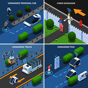 自动汽车无人驾驶汽车机器人运输等距2x2与未来汽车无人机人矢量插图图片