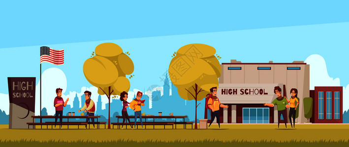 高中地区与教学楼学生蓝天背景下交流卡通矢量插图图片