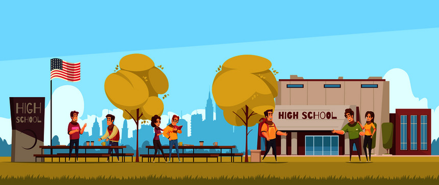 高中地区与教学楼学生蓝天背景下交流卡通矢量插图