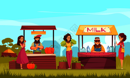 蓝天背景卡通矢量插图的农场市场柜台上园艺的人类人物产品背景图片