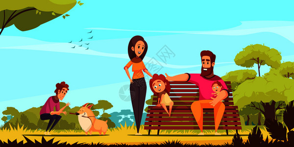家庭活动假期,父母,孩子狗夏季公园的蓝天背景卡通矢量插图图片