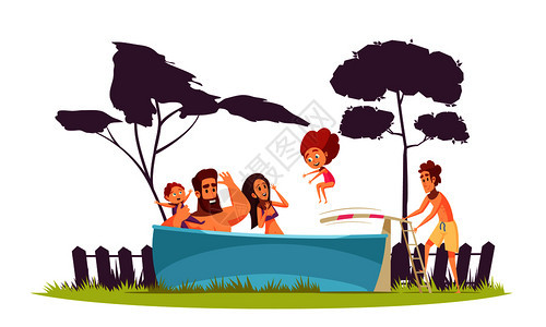 家庭积极的暑假父母孩子游泳池与跳板卡通矢量插图图片