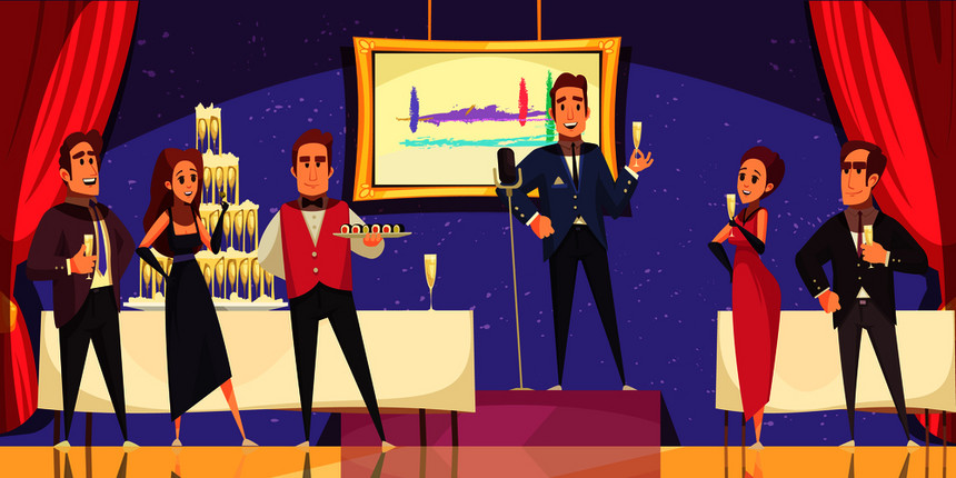 艺术展览开幕时举行宴会,并提供者的演讲自助餐桌卡通矢量插图