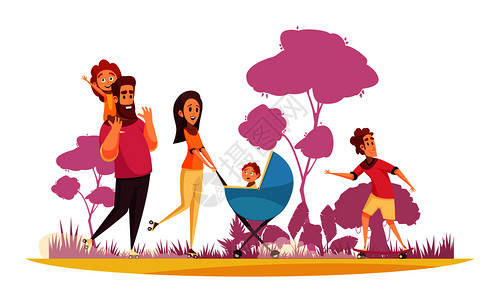 家庭活动假期父母与孩子夏季散步的背景下,树木剪影卡通矢量插图图片