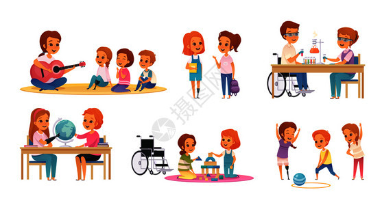 彩色卡通包容教育图标与残疾儿童学播放矢量插图图片