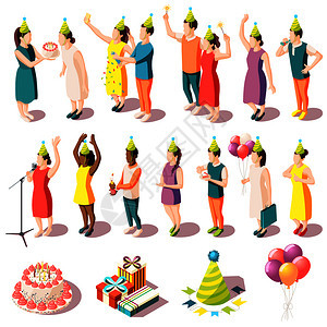 生日派等距图标的人穿着节日服装派用品矢量插图图片