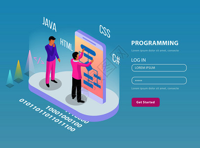 自由编程等距成与两个程序员工作登录密码线矢量插图图片
